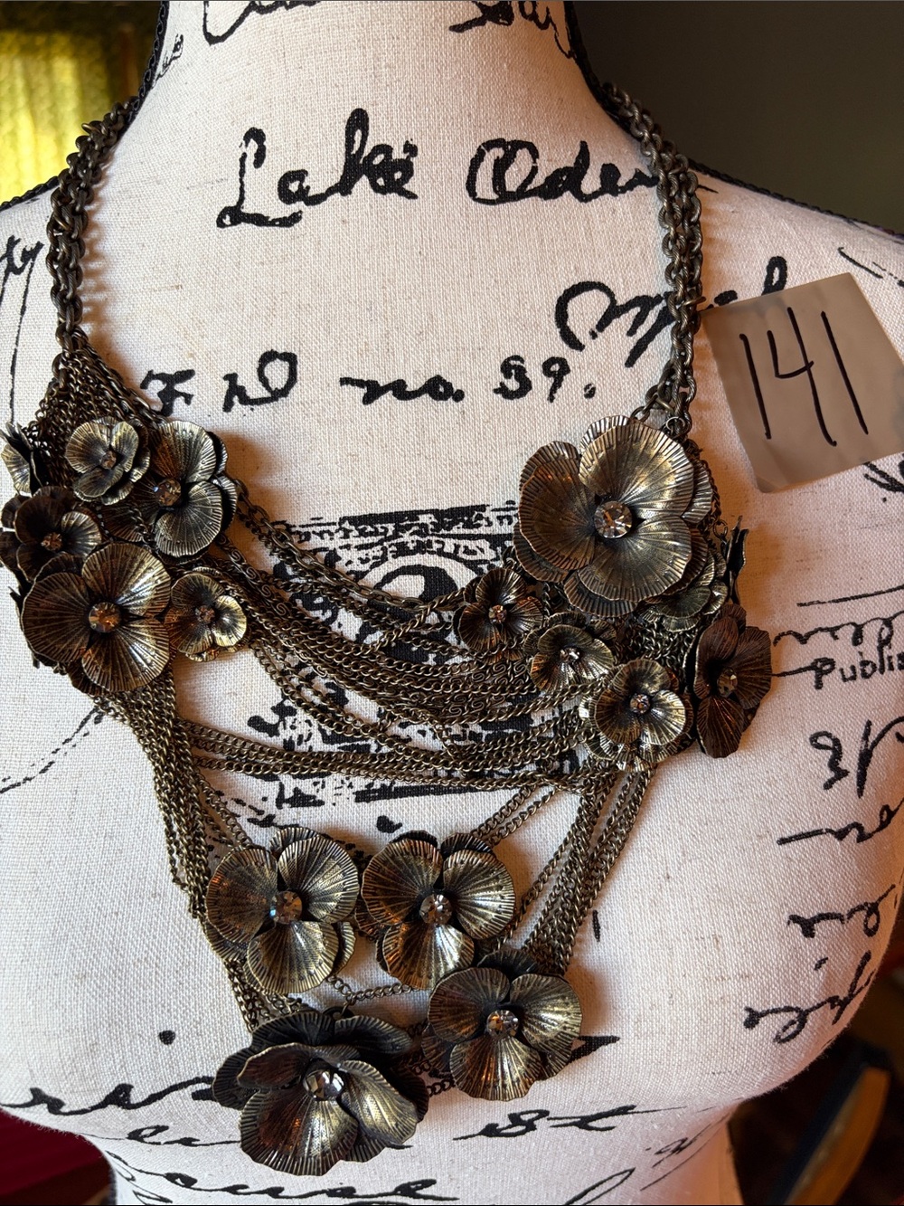 Antique-Style Floral Statement Necklace - Bronze Floral Multi-Chain